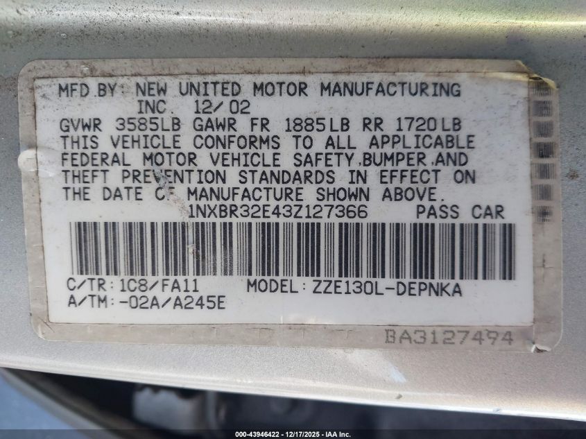 2003 Toyota Corolla Le VIN: 1NXBR32E43Z127366 Lot: 43946422