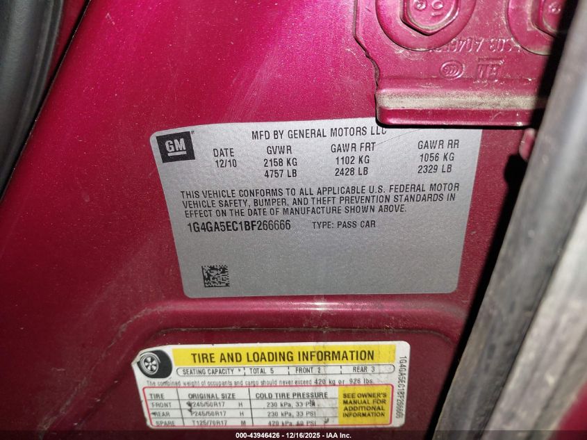 2011 Buick Lacrosse Cx VIN: 1G4GA5EC1BF266666 Lot: 43946426