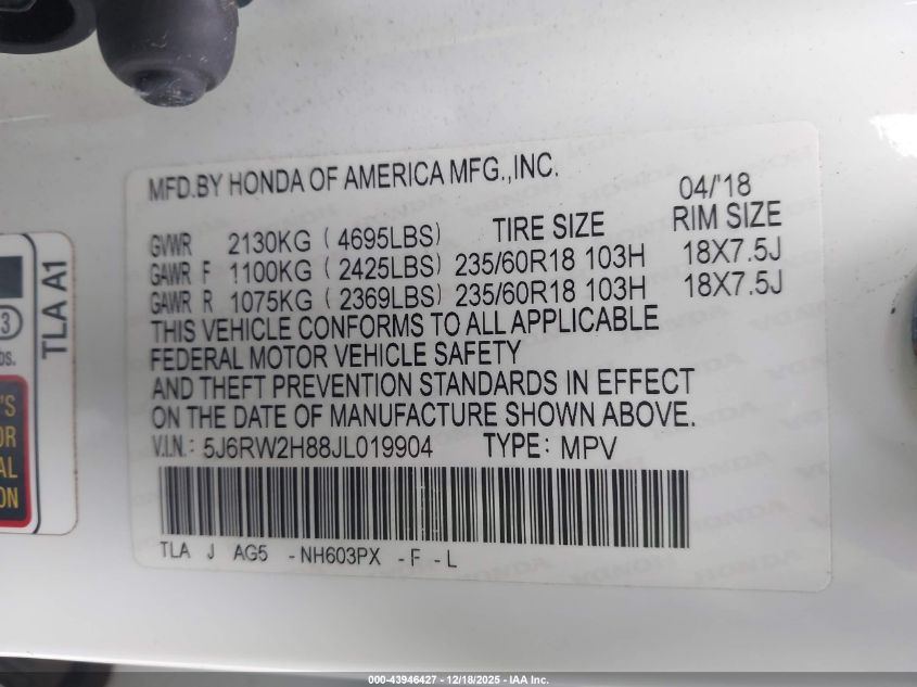 2018 Honda Cr-V Ex-L/Ex-L Navi VIN: 5J6RW2H88JL019904 Lot: 43946427