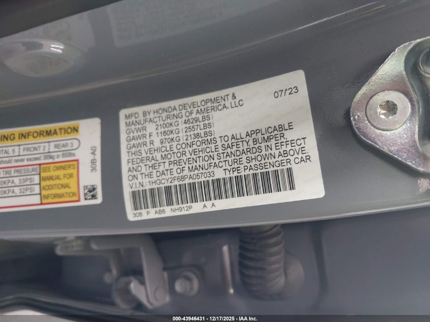 2023 Honda Accord Hybrid Ex-L VIN: 1HGCY2F68PA057033 Lot: 43946431