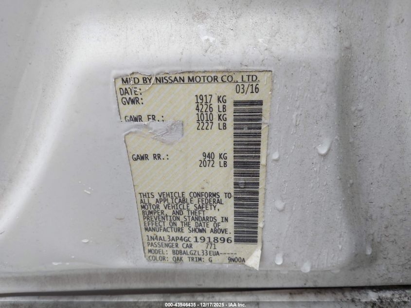 2016 Nissan Altima 2.5/2.5 S/2.5 Sl/2.5 Sr/2.5 Sv VIN: 1N4AL3AP4GC191896 Lot: 43946435