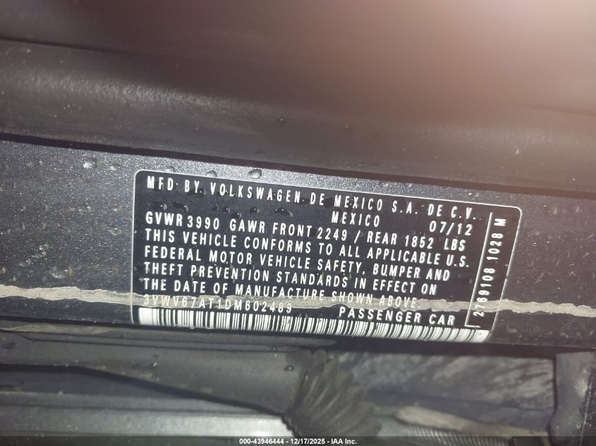 2013 Volkswagen Beetle Turbo VIN: 3VWV67AT1DM602489 Lot: 43946444