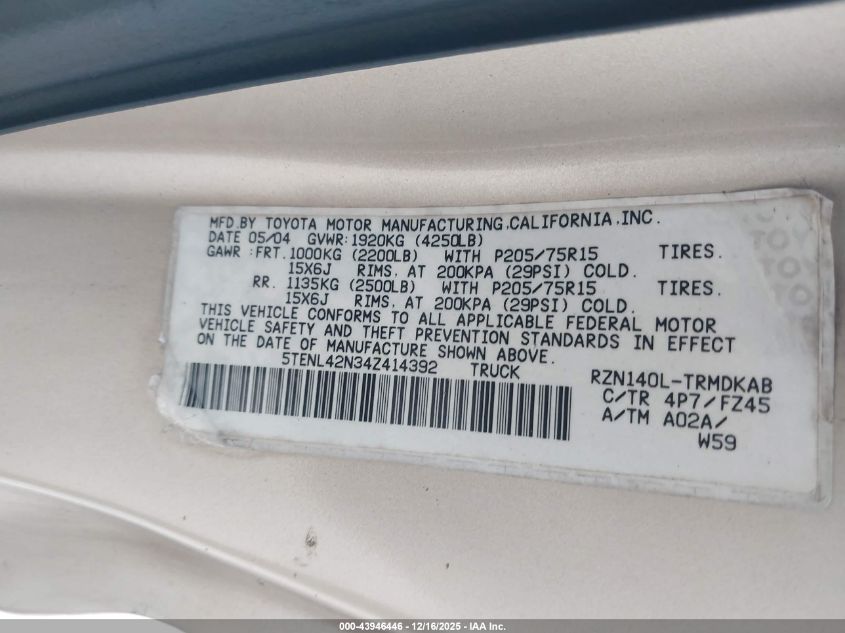2004 Toyota Tacoma VIN: 5TENL42N34Z414392 Lot: 43946446