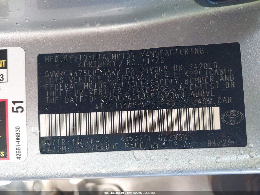 2023 Toyota Camry Le VIN: 4T1C11AK9PU751189 Lot: 43946449