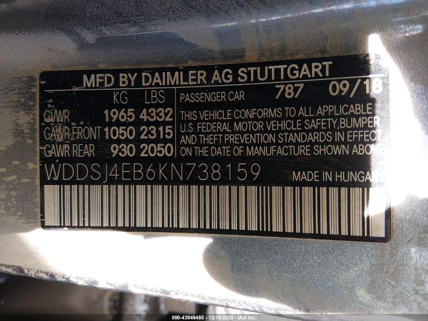 2019 Mercedes-Benz Cla 250 VIN: WDDSJ4EB6KN738159 Lot: 43946450