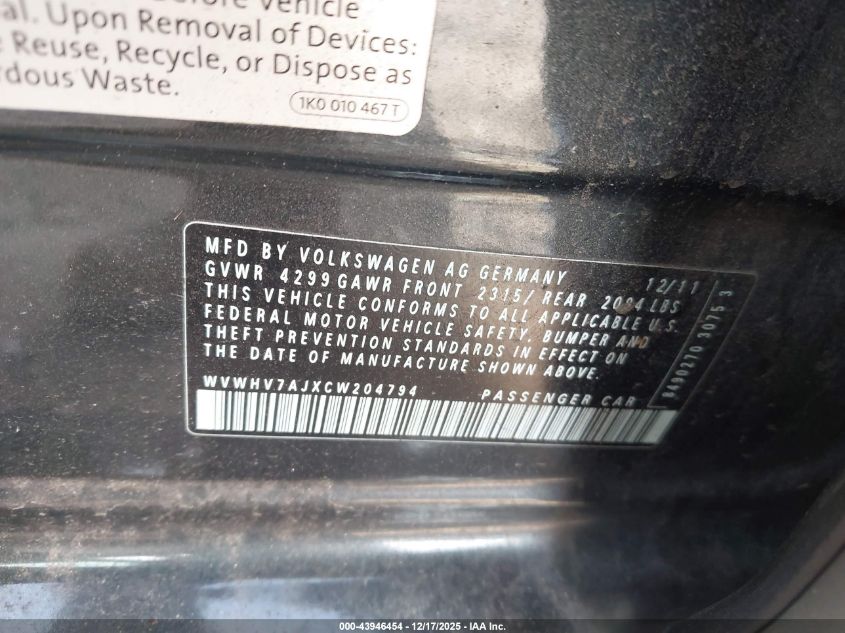 2012 Volkswagen Gti 4-Door Autobahn VIN: WVWHV7AJXCW204794 Lot: 43946454