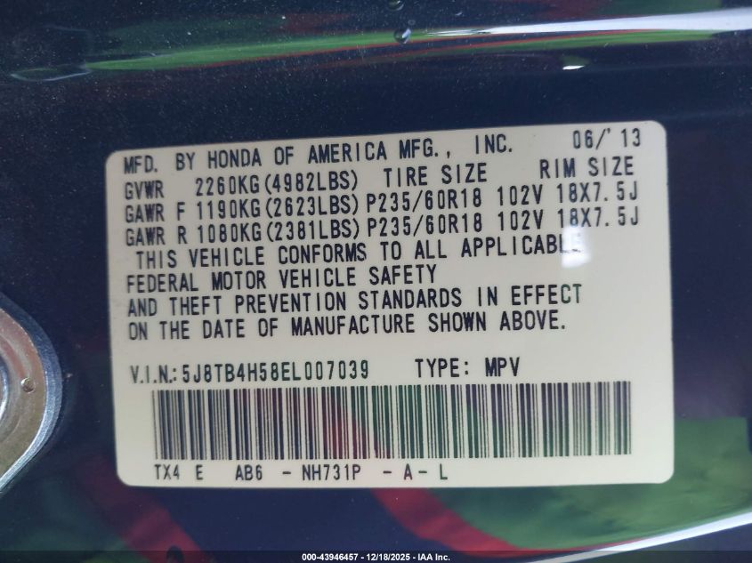 2014 Acura Rdx VIN: 5J8TB4H58EL007039 Lot: 43946457