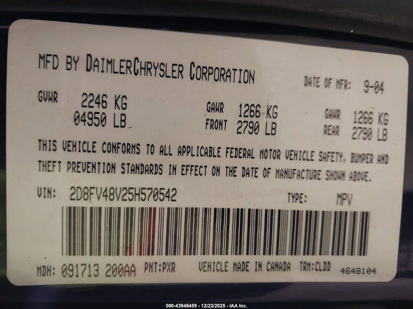 2005 Dodge Magnum Se VIN: 2D8FV48V25H570542 Lot: 43946459