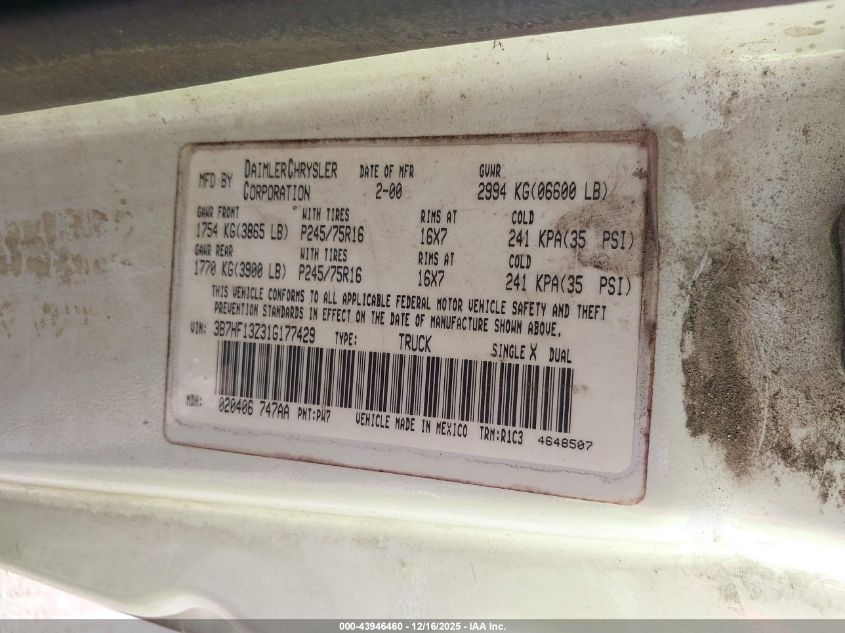 2001 Dodge Ram 1500 St VIN: 3B7HF13Z31G177429 Lot: 43946460