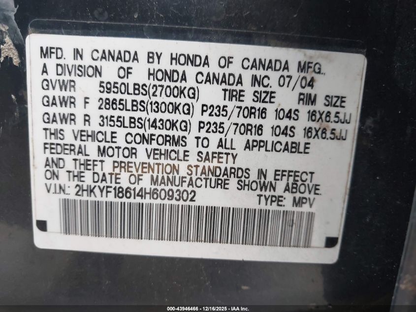 2004 Honda Pilot Ex-L VIN: 2HKYF18614H609302 Lot: 43946466