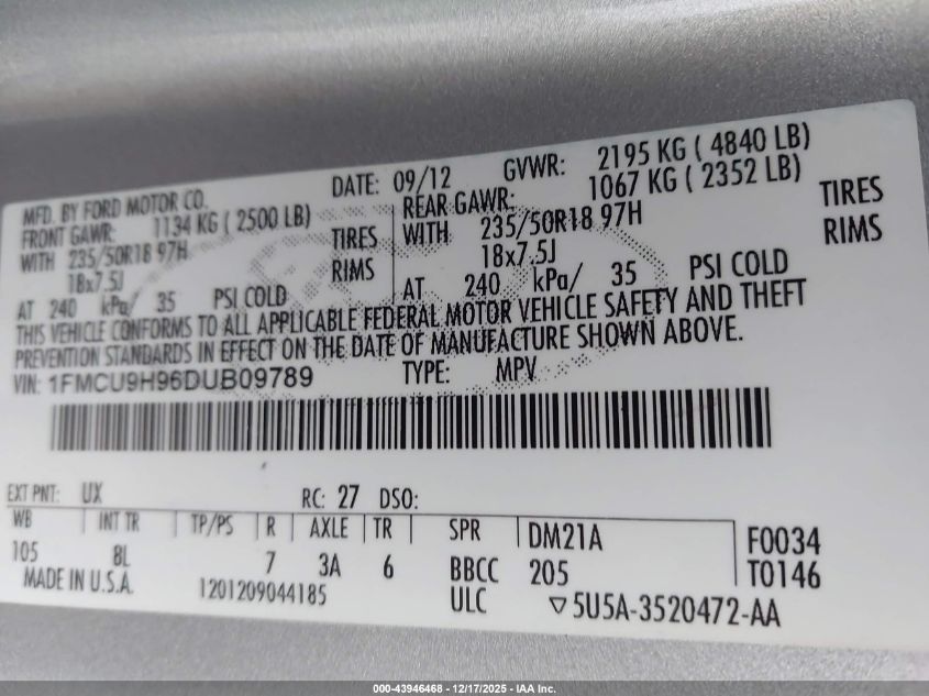 2013 Ford Escape Sel VIN: 1FMCU9H96DUB09789 Lot: 43946468