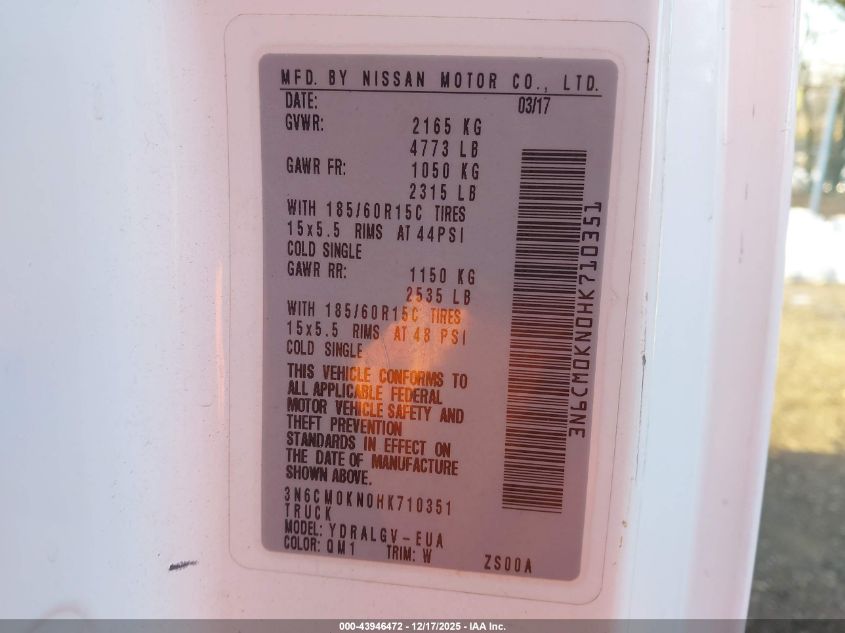 2017 Nissan Nv200 Sv VIN: 3N6CM0KN0HK710351 Lot: 43946472