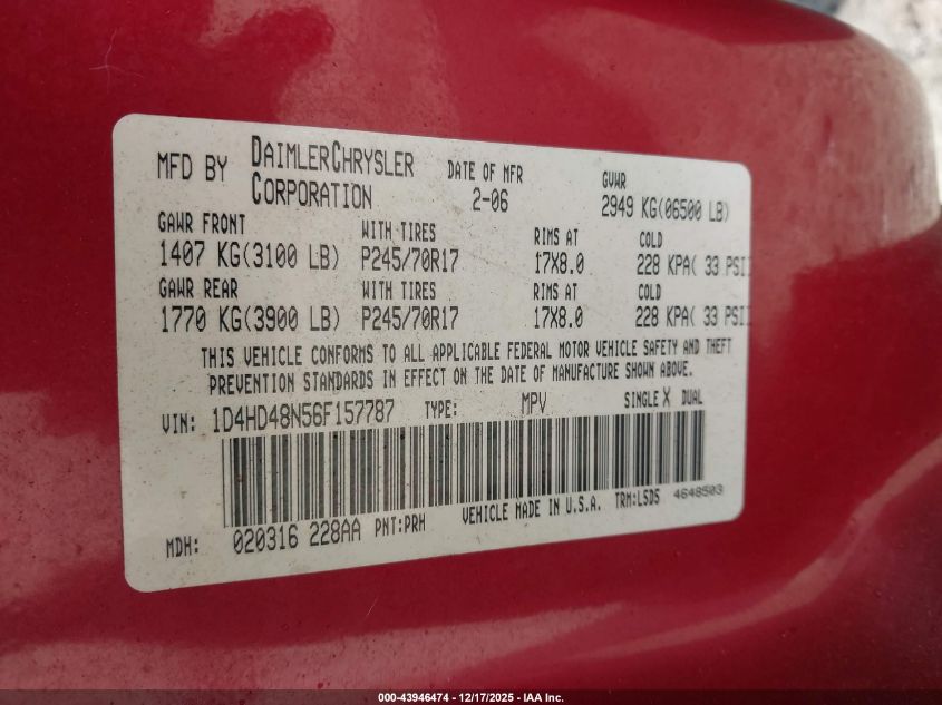 2006 Dodge Durango Slt VIN: 1D4HD48N56F157787 Lot: 43946474