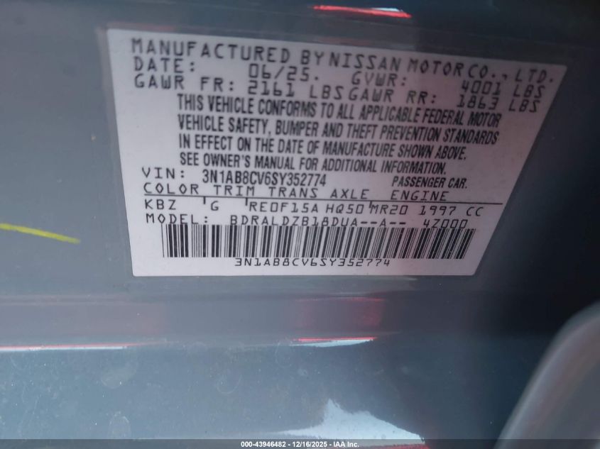 2025 Nissan Sentra Sv VIN: 3N1AB8CV6SY352774 Lot: 43946482