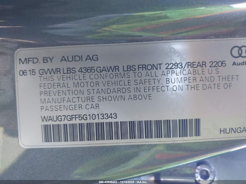 2016 Audi A3 1.8T Premium VIN: WAUG7GFF5G1013343 Lot: 43946483