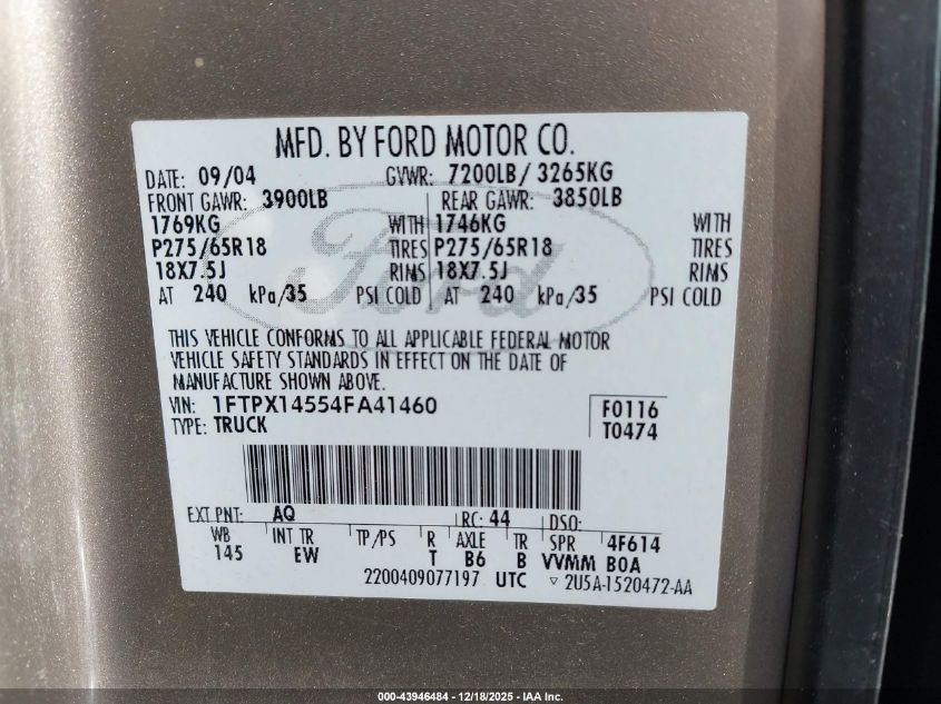 2004 Ford F-150 Fx4/Lariat/Xl/Xlt VIN: 1FTPX14554FA41460 Lot: 43946484