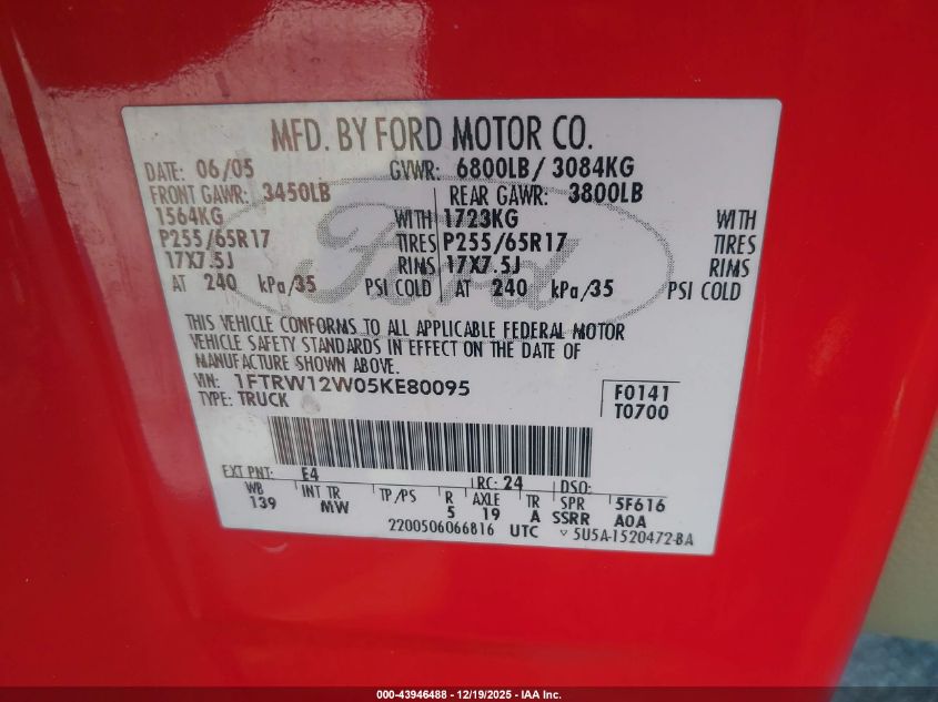 2005 Ford F-150 Xlt VIN: 1FTRW12W05KE80095 Lot: 43946488