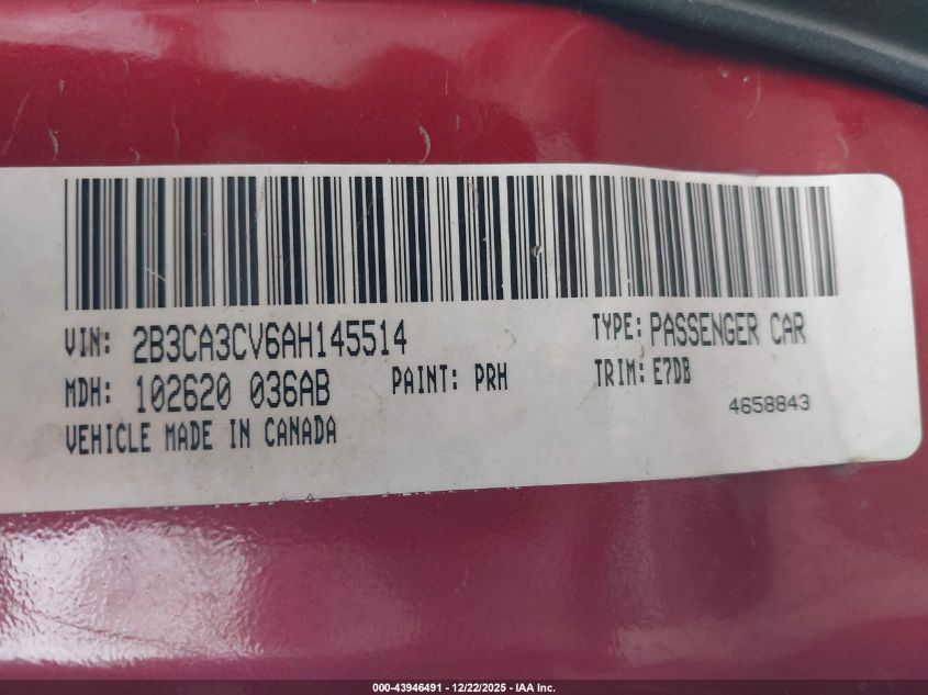 2010 Dodge Charger Sxt VIN: 2B3CA3CV6AH145514 Lot: 43946491