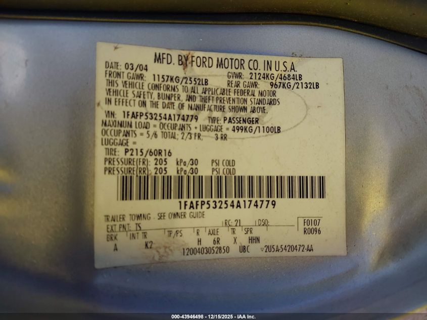 2004 Ford Taurus Se VIN: 1FAFP53254A174779 Lot: 43946498