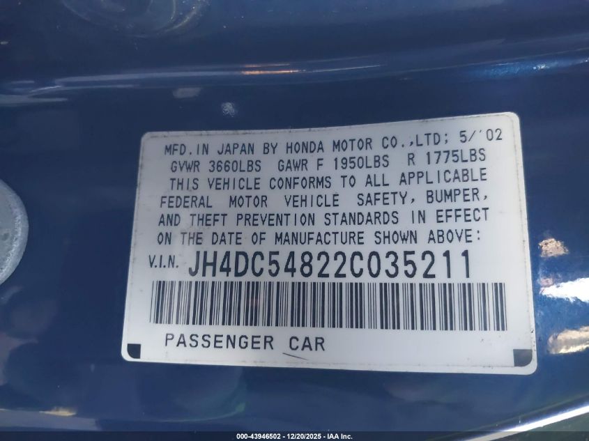 2002 Acura Rsx VIN: JH4DC54822C035211 Lot: 43946502