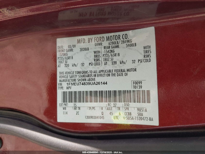 1FMEU74839UA26144 2009 FORD EXPLORER photo no. 9