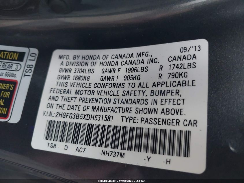 2013 Honda Civic Lx VIN: 2HGFG3B5XDH531581 Lot: 43946508