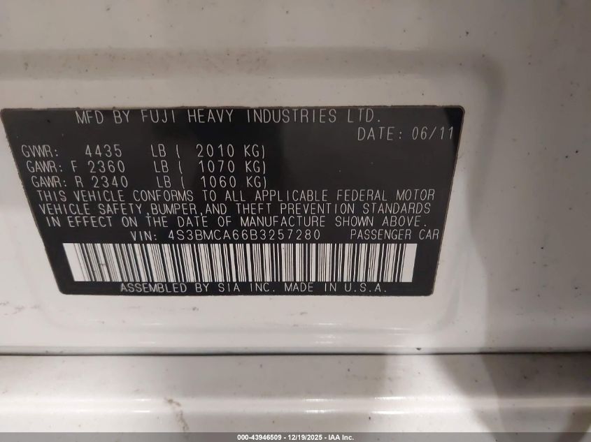 2011 Subaru Legacy 2.5I VIN: 4S3BMCA66B3257280 Lot: 43946509