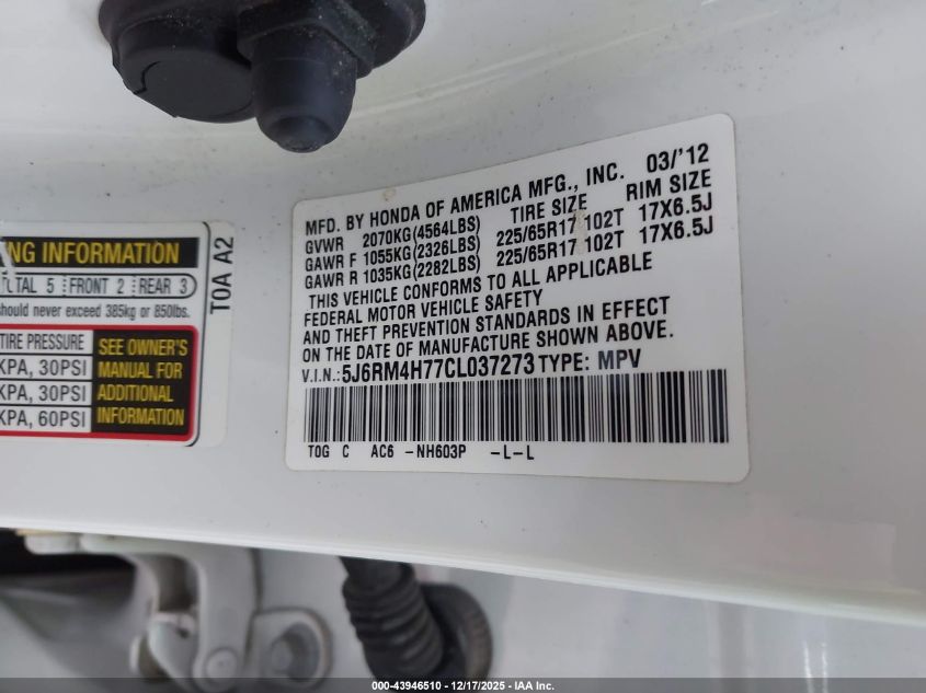 2012 Honda Cr-V Ex-L VIN: 5J6RM4H77CL037273 Lot: 43946510