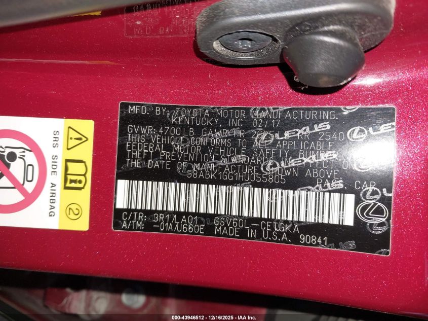 2017 Lexus Es 350 VIN: 58ABK1GG1HU055805 Lot: 43946512