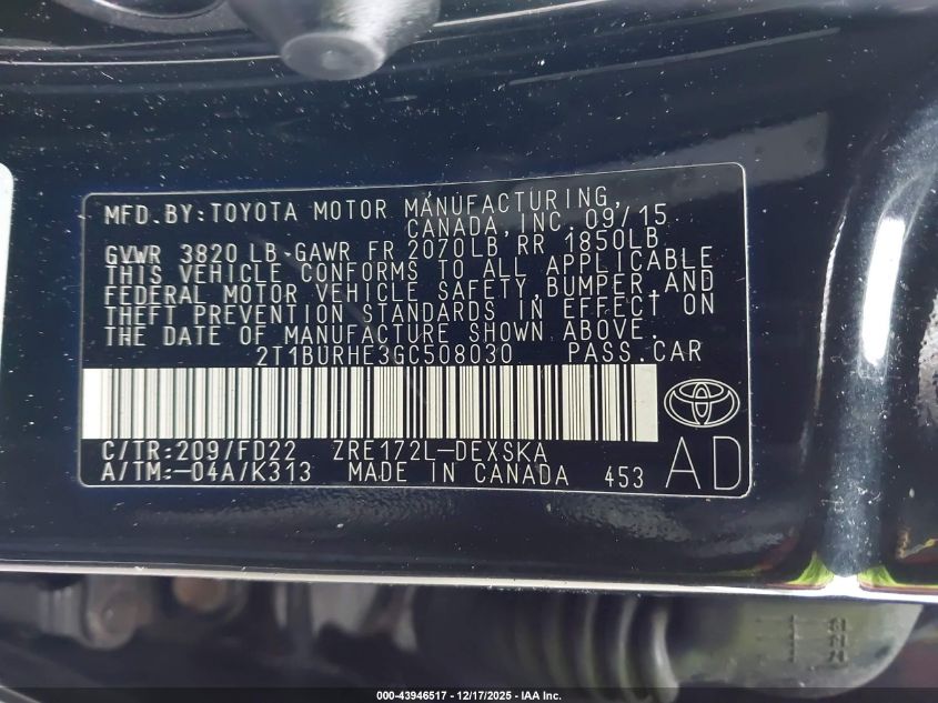 2016 Toyota Corolla S Plus VIN: 2T1BURHE3GC508030 Lot: 43946517