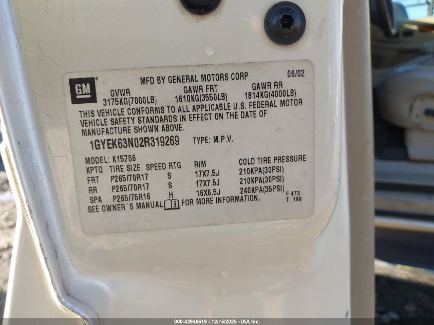 2002 Cadillac Escalade Standard VIN: 1GYEK63N02R319269 Lot: 43946519