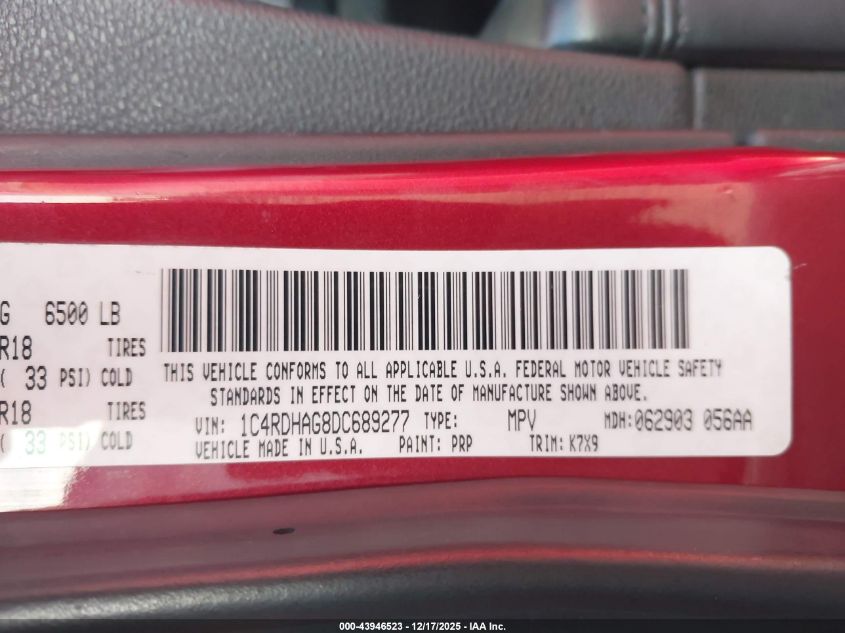 2013 Dodge Durango Sxt VIN: 1C4RDHAG8DC689277 Lot: 43946523