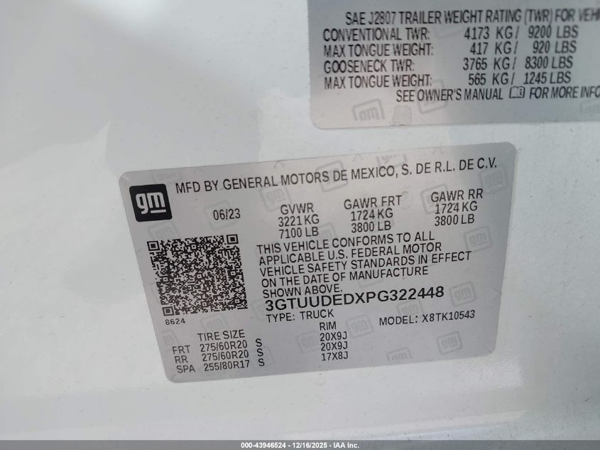 2023 GMC Sierra 1500 4Wd Short Box Slt VIN: 3GTUUDEDXPG322448 Lot: 43946524