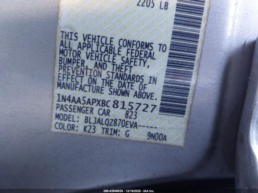 2011 Nissan Maxima 3.5 S VIN: 1N4AA5APXBC815727 Lot: 43946526