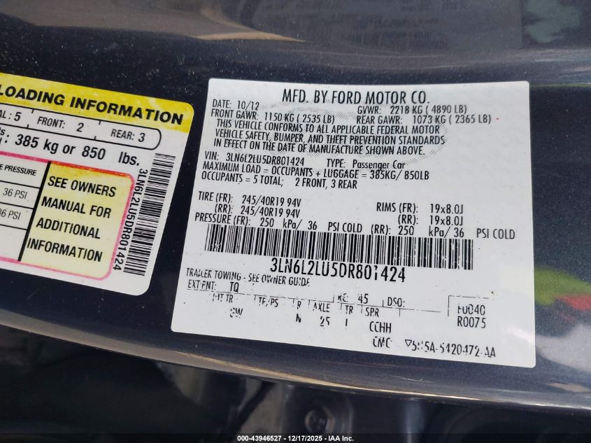 2013 Lincoln Mkz Hybrid VIN: 3LN6L2LU5DR801424 Lot: 43946527