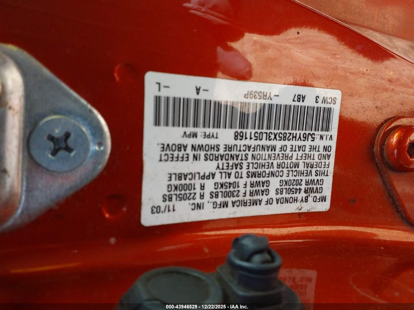 2003 Honda Element Ex VIN: 5J6YH285X3L051168 Lot: 43946529