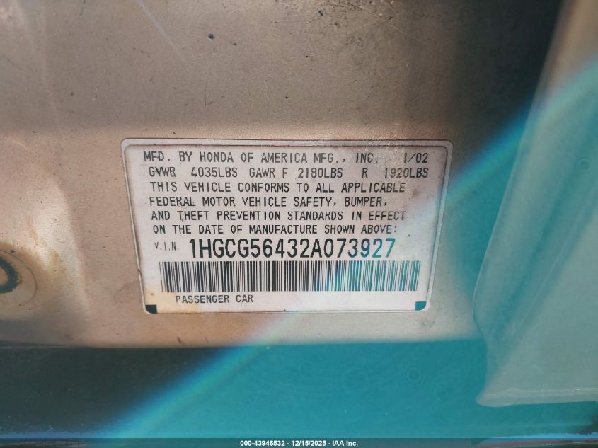 2002 Honda Accord 2.3 Lx VIN: 1HGCG56432A073927 Lot: 43946532