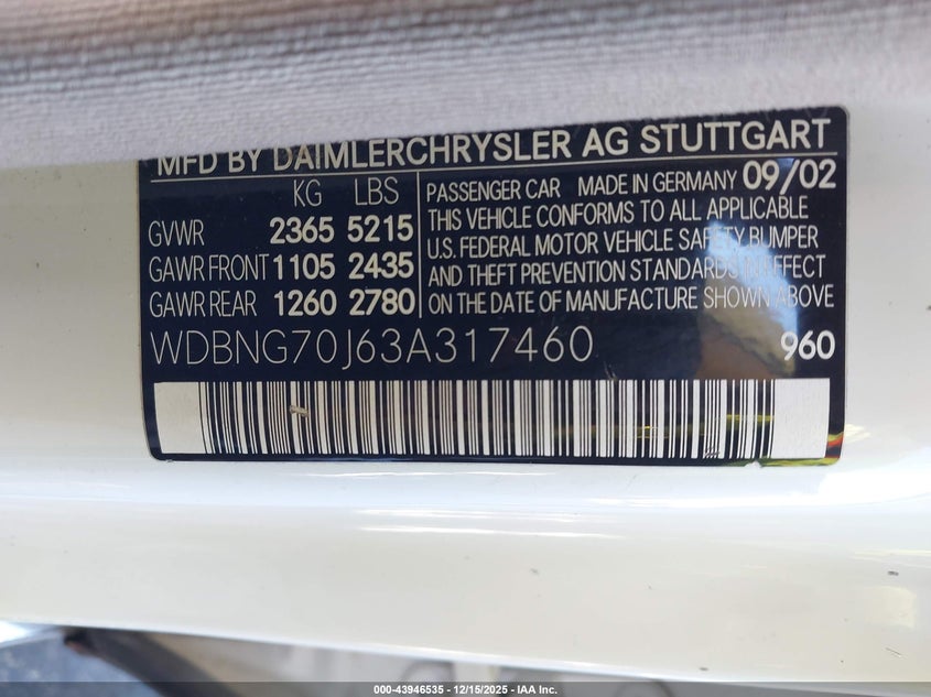 WDBNG70J63A317460 2003 MERCEDES-BENZ S-KLASSE photo no. 9