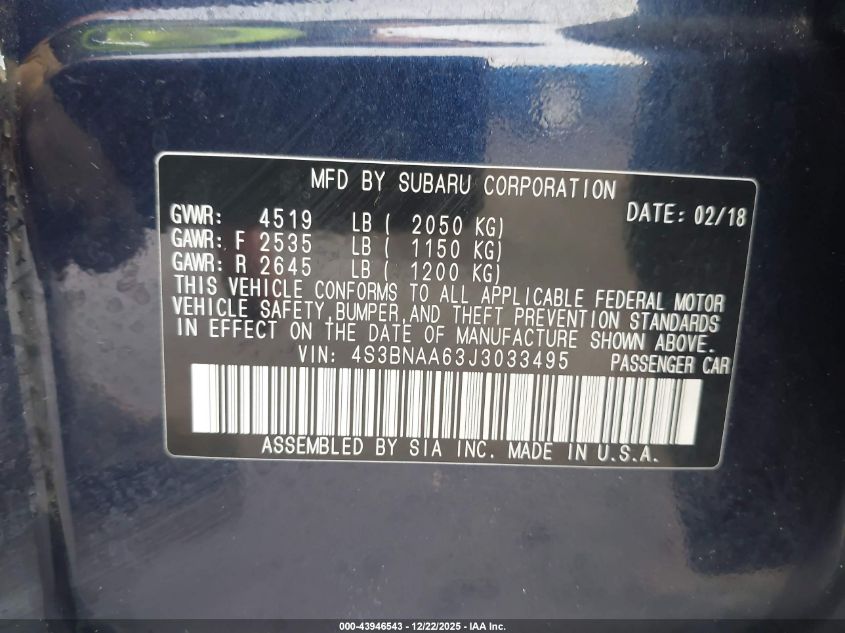 2018 Subaru Legacy 2.5I VIN: 4S3BNAA63J3033495 Lot: 43946543