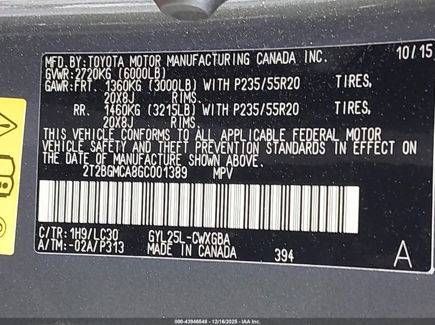 2016 Lexus Rx 450H F Sport VIN: 2T2BGMCA8GC001389 Lot: 43946548