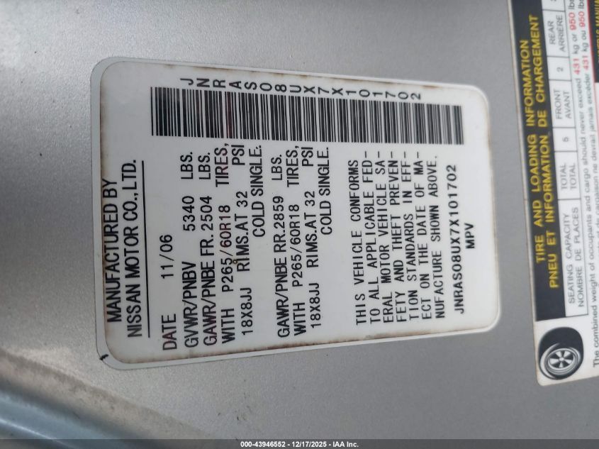 2007 Infiniti Fx35 VIN: JNRAS08UX7X101702 Lot: 43946552