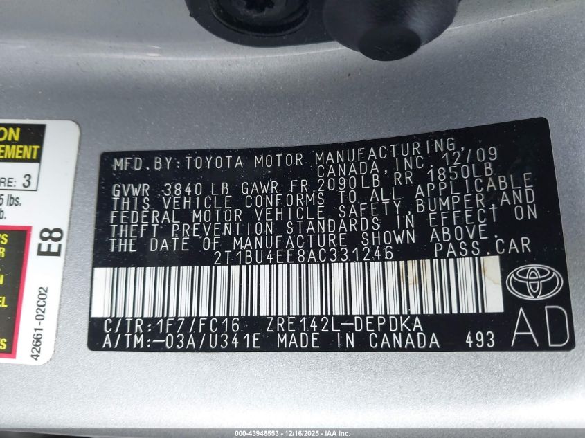 2010 Toyota Corolla Le VIN: 2T1BU4EE8AC331246 Lot: 43946553