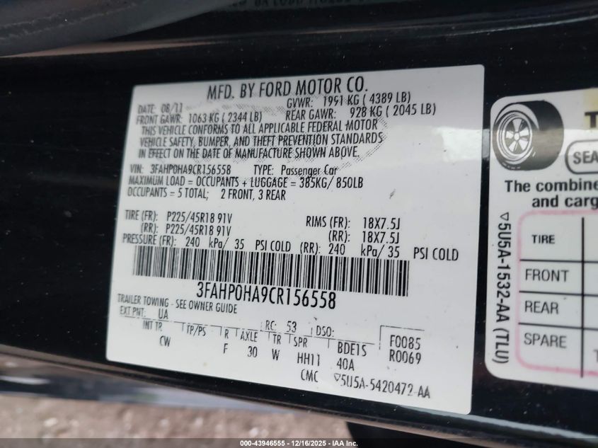 2012 Ford Fusion Se VIN: 3FAHP0HA9CR156558 Lot: 43946555