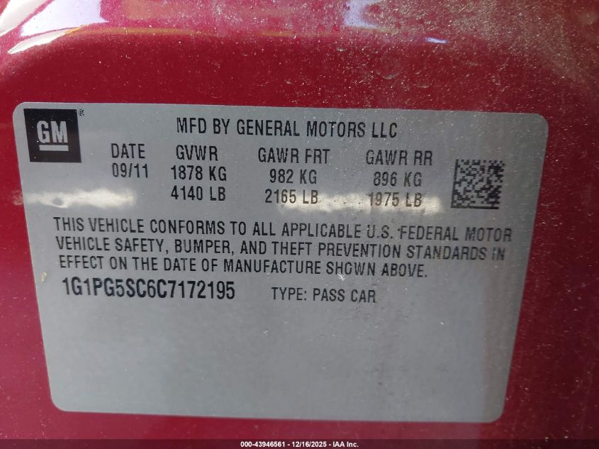 2012 Chevrolet Cruze 2Lt VIN: 1G1PG5SC6C7172195 Lot: 43946561