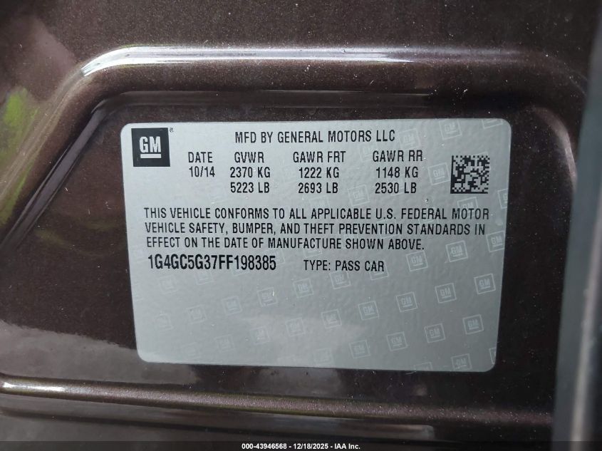 2015 Buick Lacrosse Leather VIN: 1G4GC5G37FF198385 Lot: 43946568