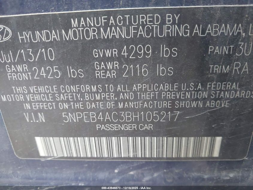 2011 Hyundai Sonata Gls VIN: 5NPEB4AC3BH105217 Lot: 43946573