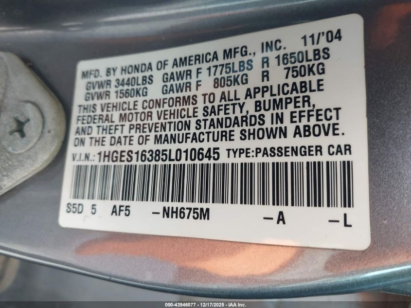 2005 Honda Civic Vp VIN: 1HGES16385L010645 Lot: 43946577