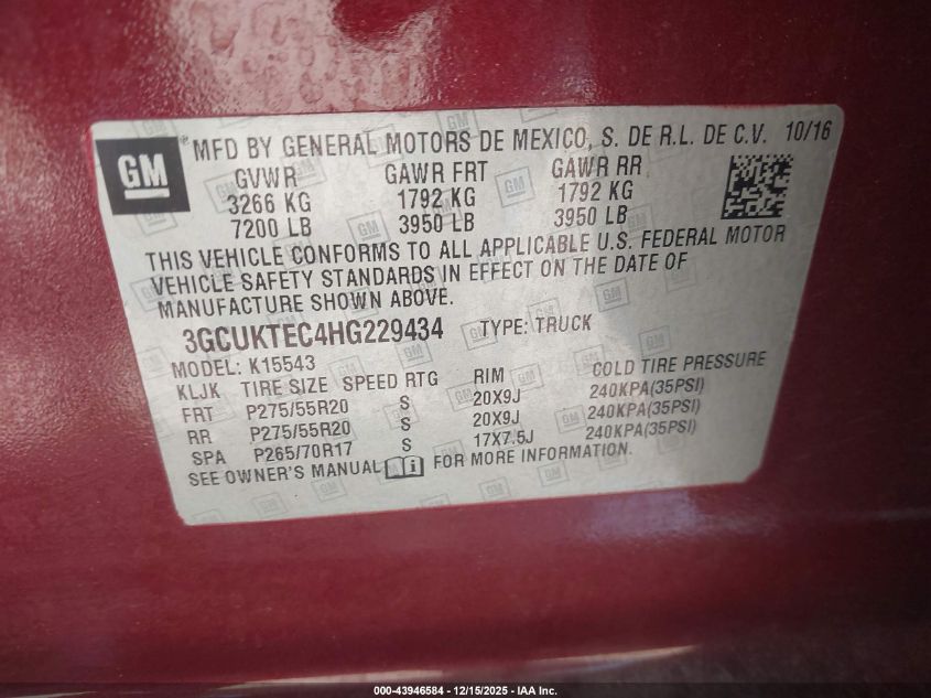2017 Chevrolet Silverado 1500 High Country VIN: 3GCUKTEC4HG229434 Lot: 43946584