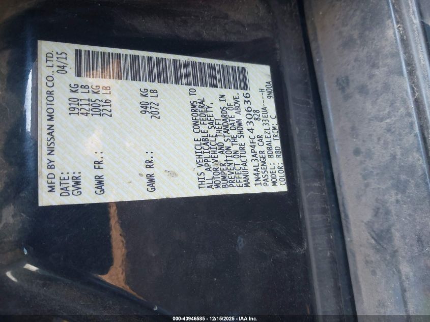 2015 Nissan Altima 2.5 S VIN: 1N4AL3AP4FC430636 Lot: 43946585