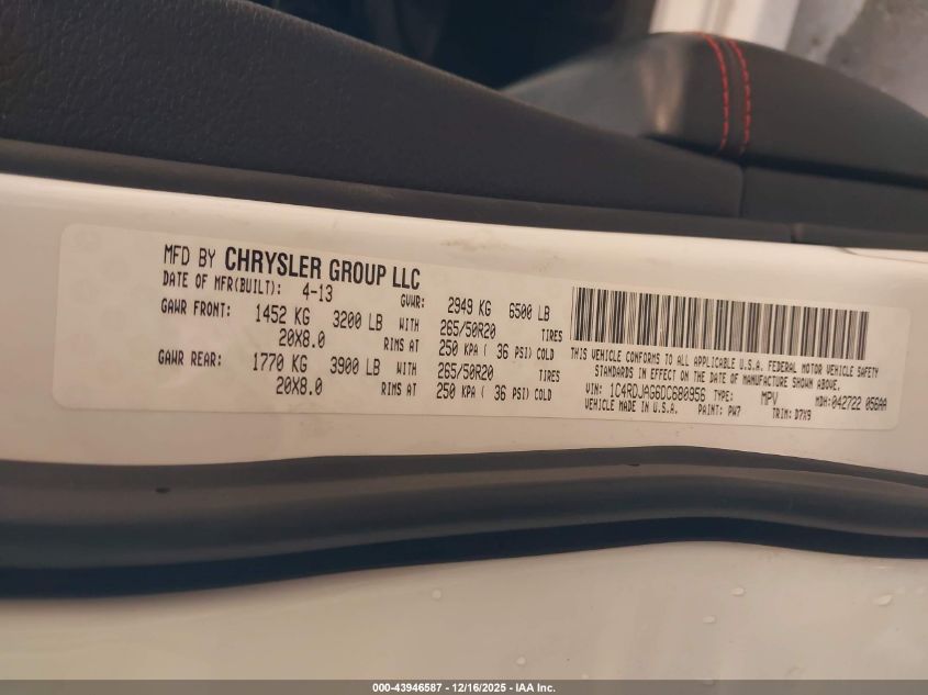 2013 Dodge Durango Sxt VIN: 1C4RDJAG6DC680956 Lot: 43946587